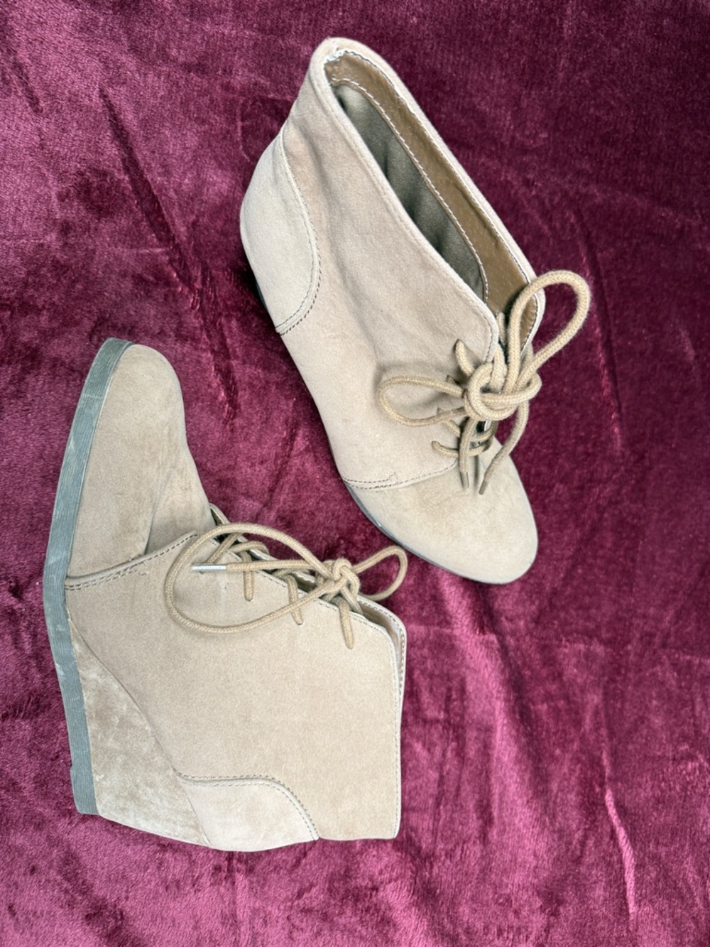 Madden Girl Beige Suede Lace-Up Wedge Booties - Womens
